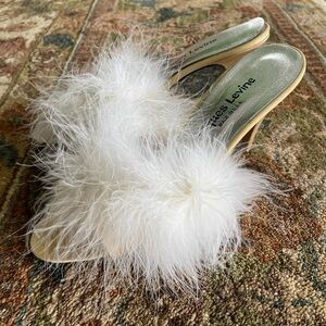 Vintage White Feather Heeled Slides